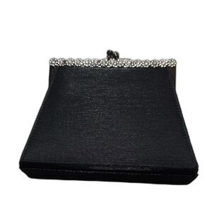 Vintage Black Evening Bag Satin Grosgraon Fabric Kisslock With Rhinestones